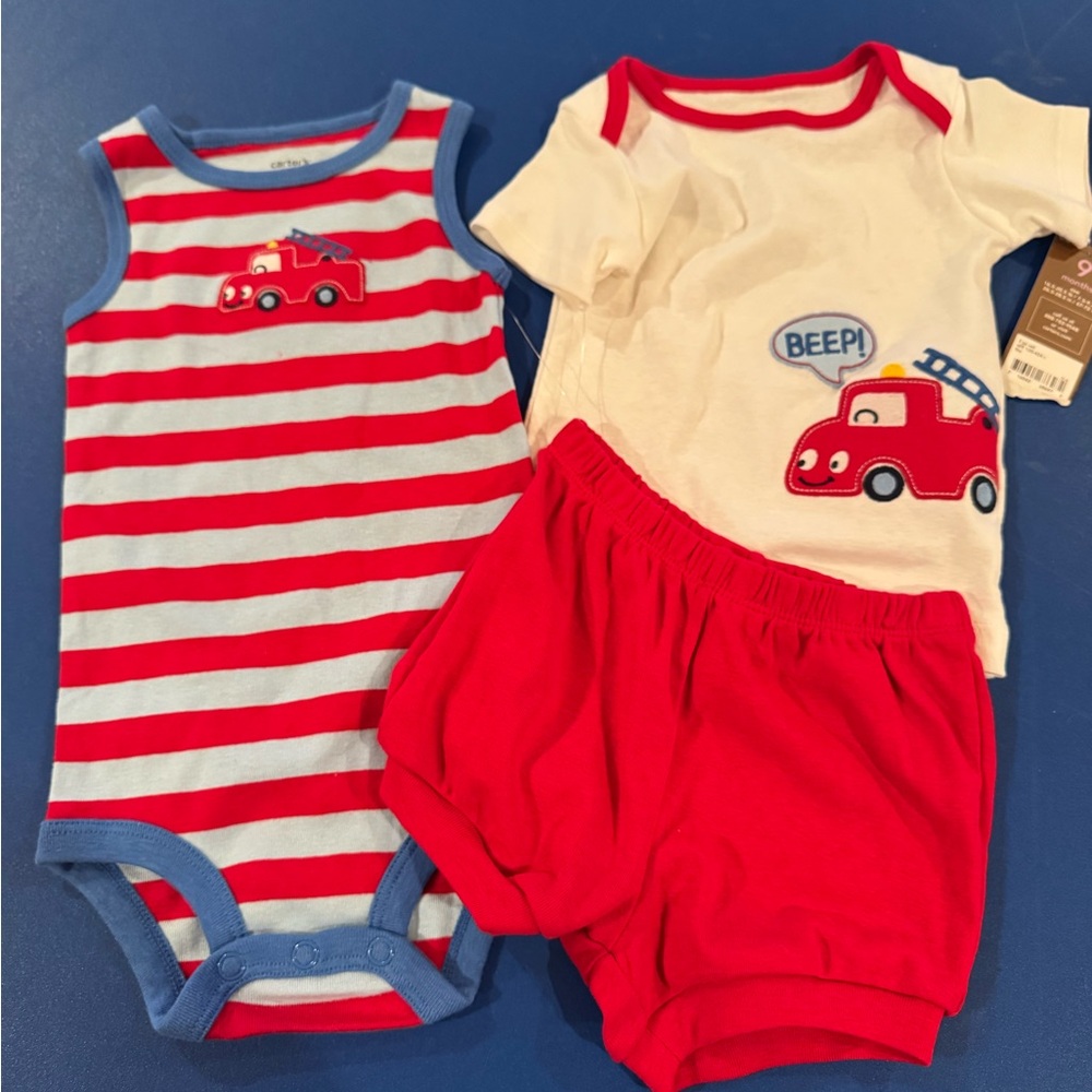 Carter's Red and Blue Fire Truck Bodysuit Set